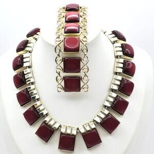MCM Red Mod Choker & Bracelet Thermoset Necklace Burgundy Square Lucite Vintage